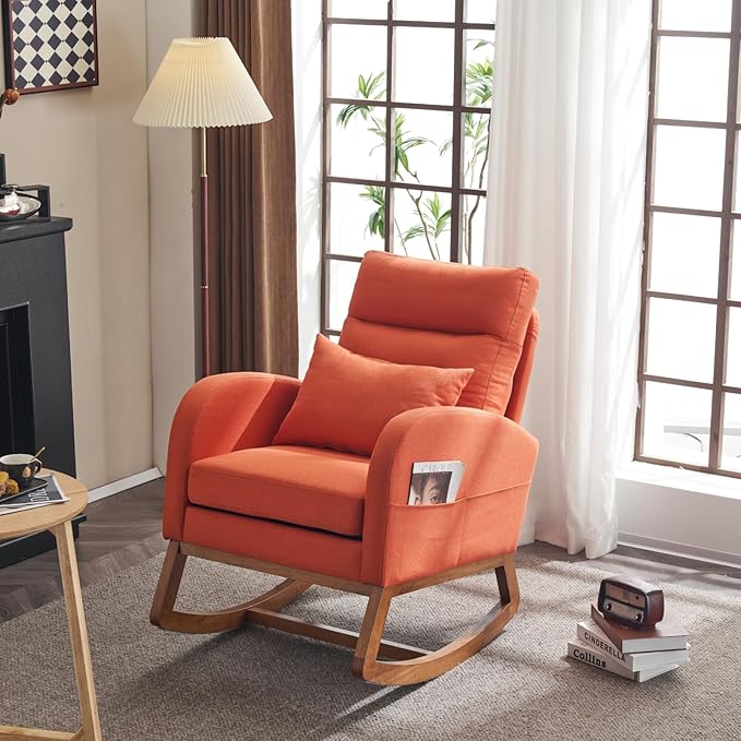 VINGLI Orange Linen Rocking Chair Nursery with Thick Headrest Upholstered Mid-Century Modern Nursing Rocker Glider with Curved Armrest Sturdy Solid Wood Base for Living Room Bedroom Baby Room