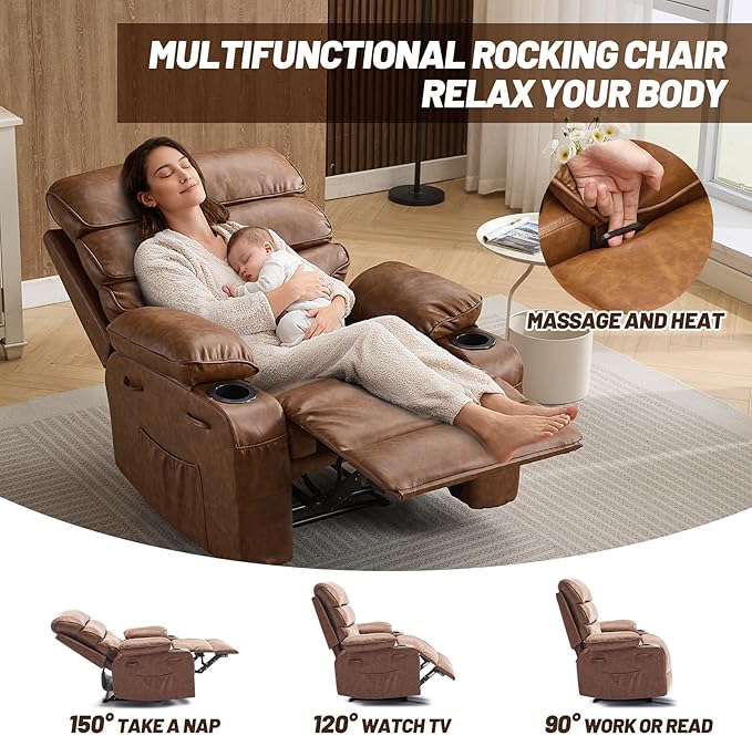 PU Leather Extra Wide Manual Recliner for Adults with Massage and Heat Large Lazy Chair with 1.5X Sponge Comfort Arm and Back for Living Room Bedroom