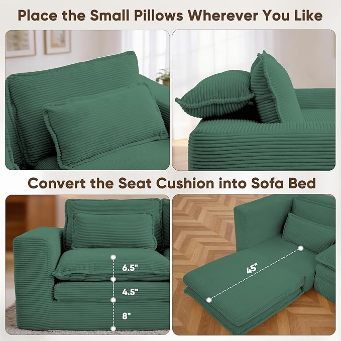 109 L Shape Modular Sectional Sofa with Ottoman Boneless Couch Three-Layer Deep 3 Seat Convertible Pull Out Sofa Bed Sleeper for Living Room No Assembly 109 L-Green