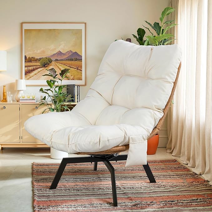 Vongrasig 360 Degree Swivel Wicker Accent Chair Modern Soft Thick Cushion Rattan Lounge Chair High Capacity Steel Frame Comfy Corner Reading Chair for Living Room Bedroom Dorm Rooms (Beige)