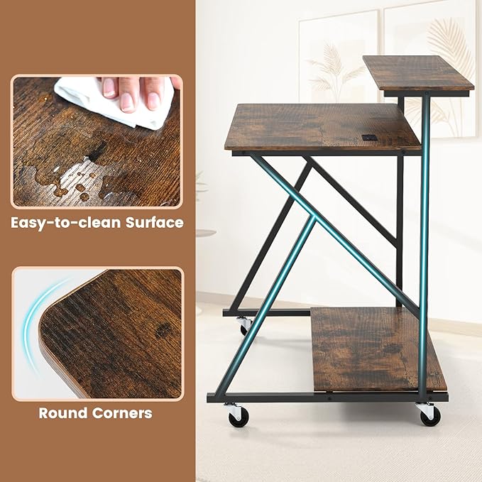 Giantex Rolling Computer Desk with Charging Station Mobile Portable Laptop Desk with Monitor Stand &amp Storage Shelf Small Desk with Lockable Wheels for Small Spaces Home Office (Rustic Brown)
