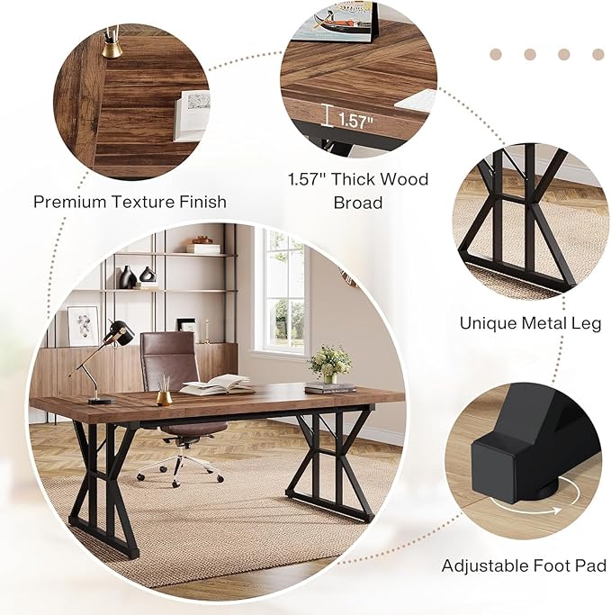 Tribesigns 70.86-Inch Large Executive Desk Industrial Home Office Computer Desk Simple Long Writing Study Table Business Furniture (Brown/Black)