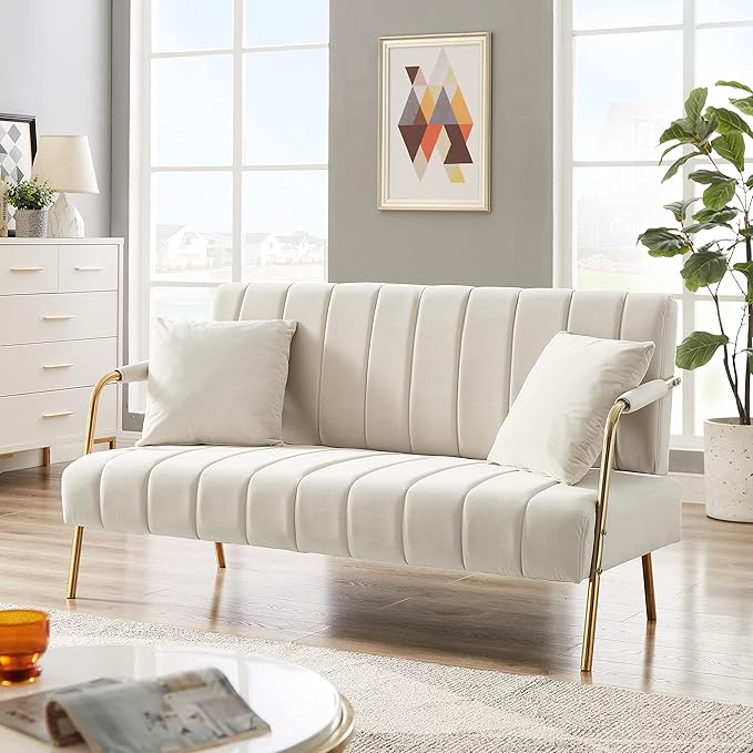 Dolonm 60 Velvet Loveseat 2 Seater Upholstered Couch with 2 Pillows Mid Century Pleated Velvet Sofa with Gold Metal Legs Perfect for Small Spaces Apartments Offices Bedrooms