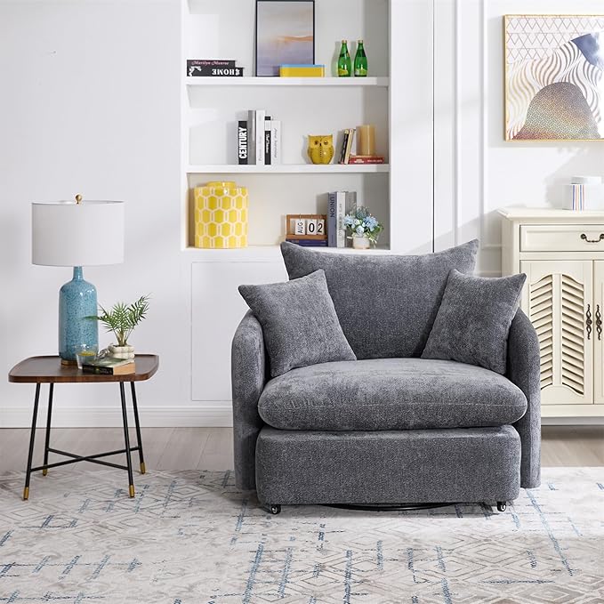 360 Degree Swivel Accent Chair Oversized 37.8 inch Extra Wide Barrel Swivel Chairs with Deep Seat for Living Room Club Reading Bedrooms (Light Grey)
