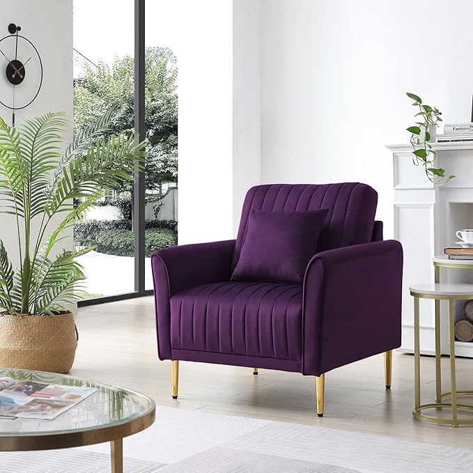 Modern Soft Purple Velvet Living Room Chair Upholstered Accent Armchair Side Chair with Gold Legs