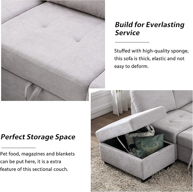 Flieks L-Shape Sleeper Sectional Sofa Bed with Storage Ottoman &amp Hidden Arm Storage 85Inch Sectional Corner Couch Sofa-Bed for Living Room Apartment