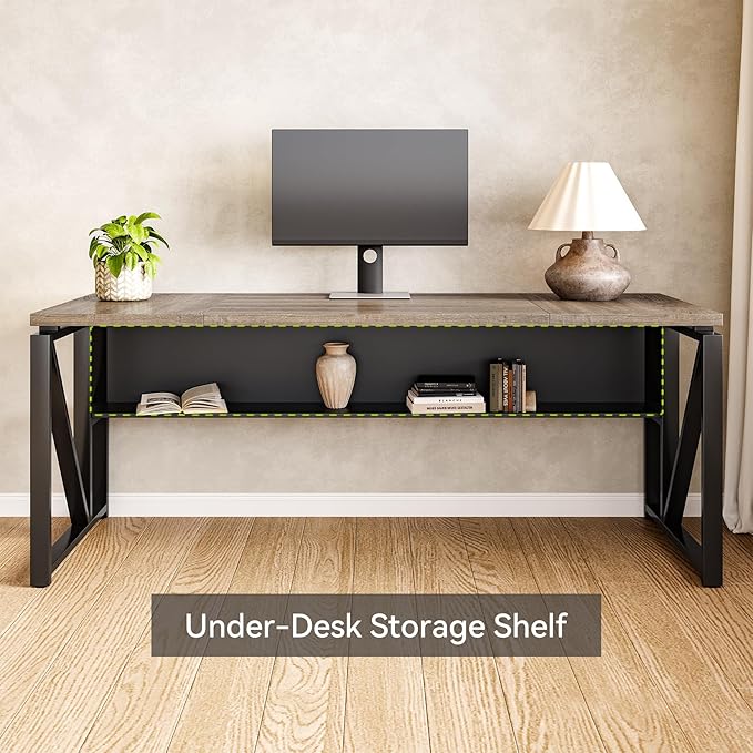LITTLE TREE 63-Inch Executive Office Desk Large Computer Desk with Storage Shelf Executive Desk with Metal Frame Study Writing Desk Work Station for Home Office Grey + Black