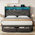 LED King Size Bed Frame with 2 Storage Drawers Upholstered King Bed Frame with Headboard and Charging Station No Box Spring Needed Easy to Assembly-Dark Grey