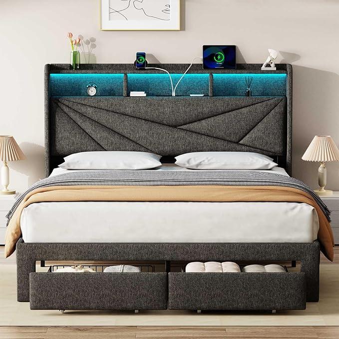 LED King Size Bed Frame with 2 Storage Drawers Upholstered King Bed Frame with Headboard and Charging Station No Box Spring Needed Easy to Assembly-Dark Grey
