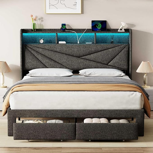 LED King Size Bed Frame with 2 Storage Drawers Upholstered King Bed Frame with Headboard and Charging Station No Box Spring Needed Easy to Assembly-Dark Grey