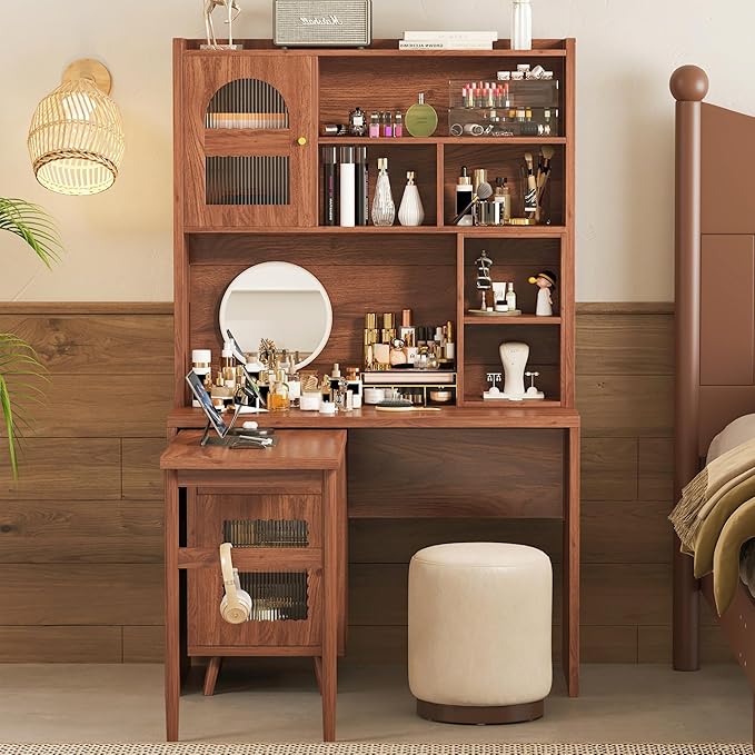 L Shaped Home Office Desks with 90° Rotating Retractable Desktop Glass Door Hutch Drawers Bookshelf &amp Storage Shelves 43 Modern Gaming Computer Corner Table for Work Study Writing Walnut