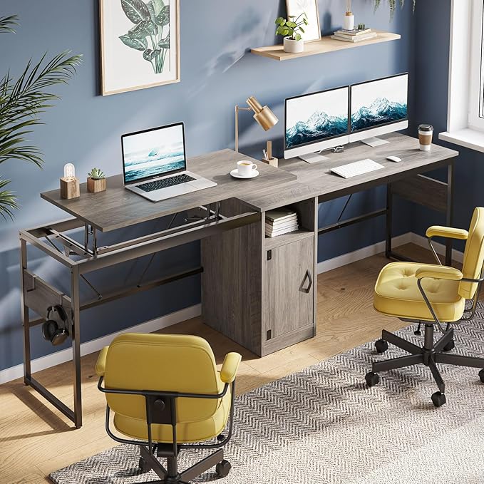 Bestier Versatile 60 Inch L-Shaped Standing Desk Lift Top Corner Desk Extending to 95 Inches with Storage Cabinet and Hooks for Home Office Washed Gray