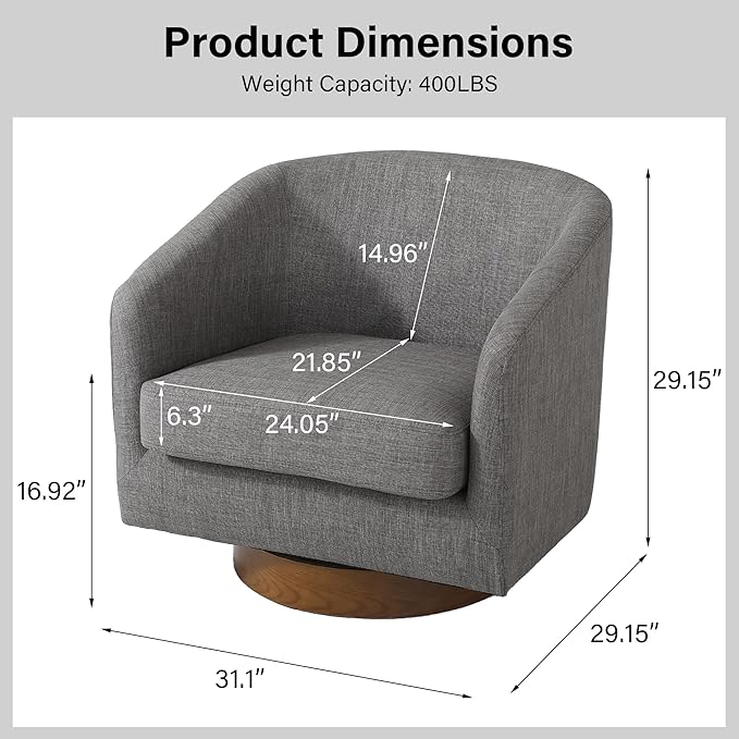 Swivel Barrel Chair Modern Round PU Leather Accent Armchair for Living Room Bedroom Oversized Comfy Club Reading Chairs for Adults (Fabric Grey Set of 1)