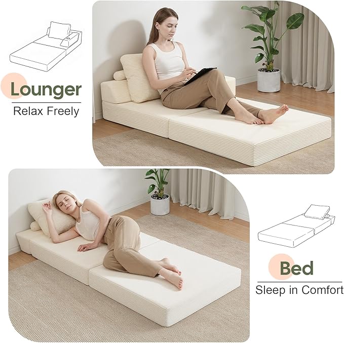 COMAX Folding Sofa Bed Foldable Couch for Bedroom Corduroy Convertible Floor Sleeper Futon Chair Foam 3 in 1 Fold Out Chair Portable Comfy Lounge Couch Single Sofa Bed for Small Space Guest Room