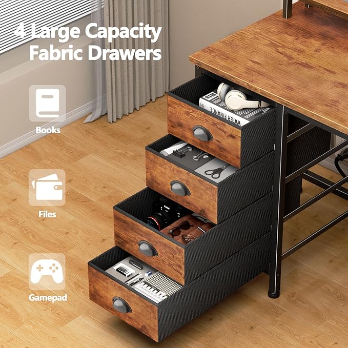 Furologee Computer Desk with Power Outlets &amp Monitor Stand 47 Inch Reversible Gaming Desk with LED Lights &amp 4 Fabric Drawers Writing Work Table for Home Office Bedroom Rustic Brown