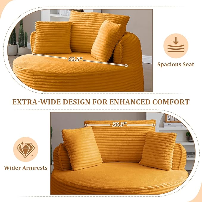 53'' Oversized Round Chaise Longue Chair Upholstered Corduroy Single Cloud Circle Sofa Chair Comfy Deep Seat Boneless Couch Bed No Assembly Required for Living Room Bedroom Apartment Yellow