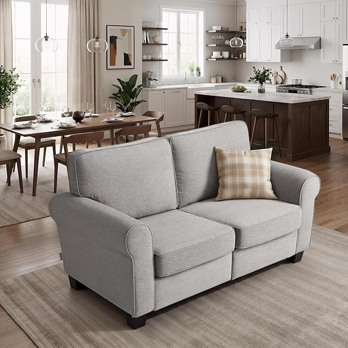 MCombo 67.7 Loveseat Sofa 2-Seater Small Couch for Small Spaces Classic Rolled Arm Upholstered Sofa with Solid Wood Legs for Living Room Removable Cover Chenille Fabric VE730 (Light Grey)