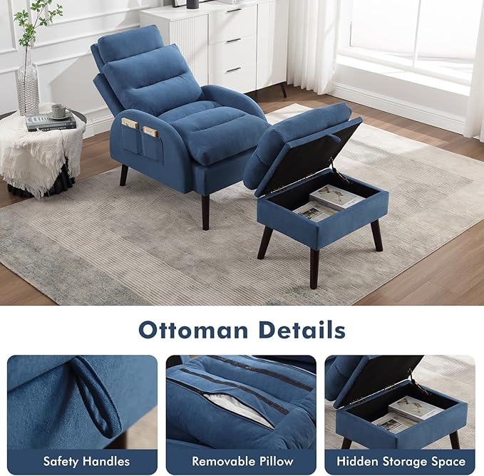 Accent Chair with Ottoman Velvet Comfy Reading Chair and Ottoman Set Modern Oversized Velvet Lounge Sleeper Armchair with Adjustable Backrest for Living Room Bedroom Blue