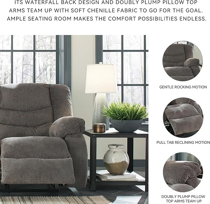 Signature Design by Ashley Tulen Contemporary Rocker Recliner Gentle Rocking Motion Pull Tab Reclining Fabric Upholstery 39 W x 40 D x 40 H Dark Gray