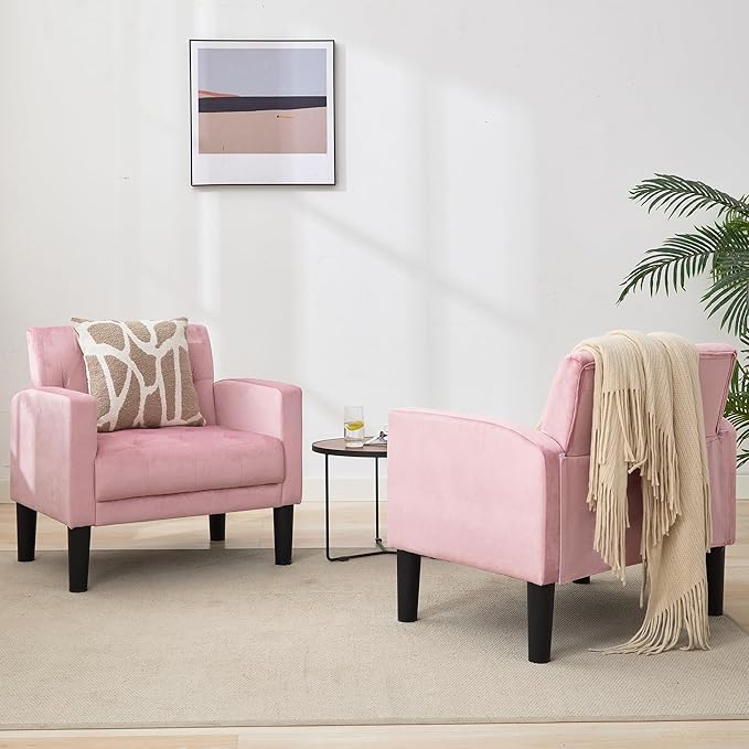 TYBOATLE Mid-Century Fabric Tufted Accent Living Room Armchairs Comfy Modern Upholstered Bedroom Office Armchair Single Sofa Reading Lounging Side Lounge Chair Living Room Furniture (Pink)