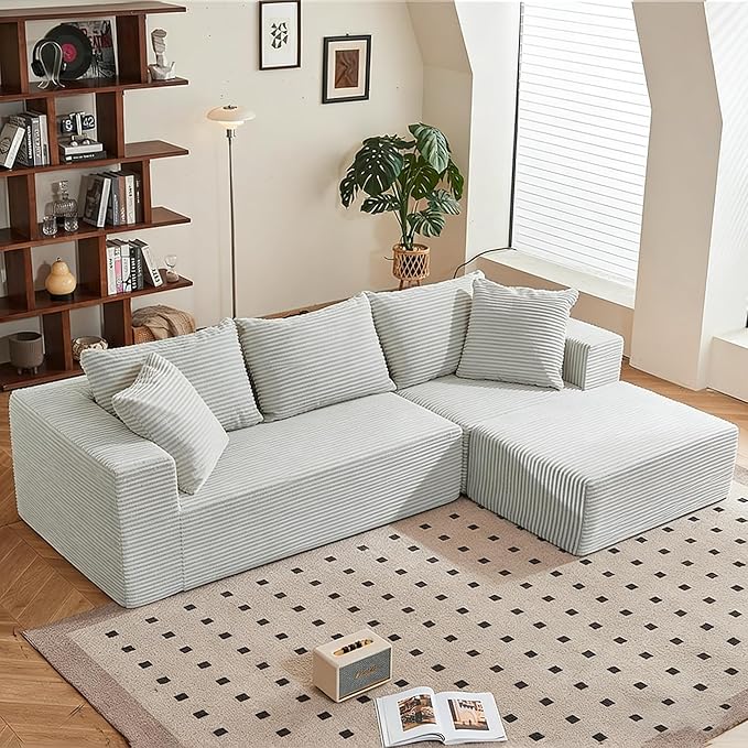 103'' Boneless Cloud Couches for Living Room Corduroy L Shaped Modular Sectional Sofa Couch W/Deep Seat &amp High-Back Comfy Memory Foam Couch Sofa in A Box (Light Grey Right Facing Chaise)