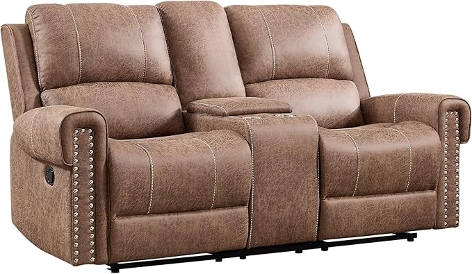 EBELLO Manual Reclining Loveseat Faux Leather Dual Double Recliner Sofa with Center Console Hidden Storage &amp Cup Holders Vintage Rivet Mid-Century Modern Design for Living Room Brown