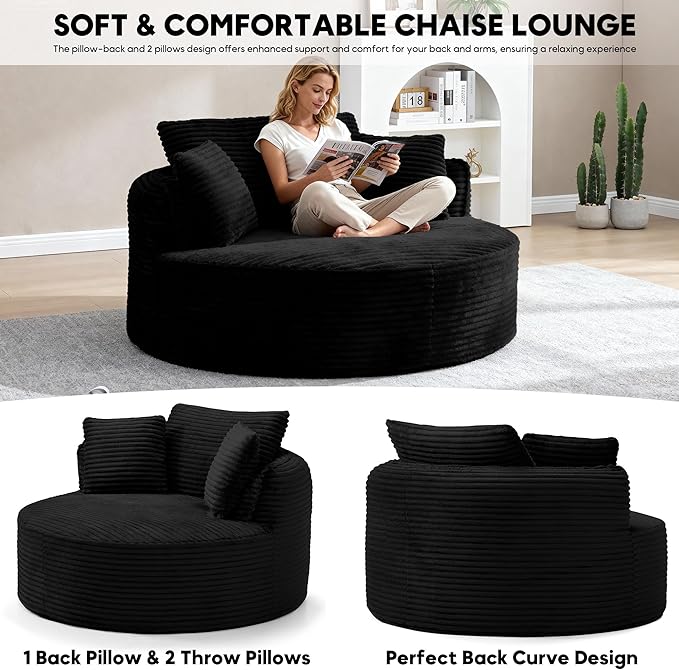 Oversized Round Chair Lounge Chaise Indoor 53.5 Corduroy Boneless Round Chair Fluffy Single Deep Seat Cloud Sofa Chairs Modern Circle Chaise Lounge for Bedroom Living Room Black
