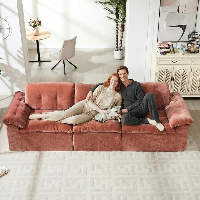 118” Cloud Sectional Couch Deep Seat Boneless Sofa for Living Room with 3 Seater Chaise Comfy Chenille Modular Sectional Sofa Made of Memory Foam No Assembly Required (Orange)