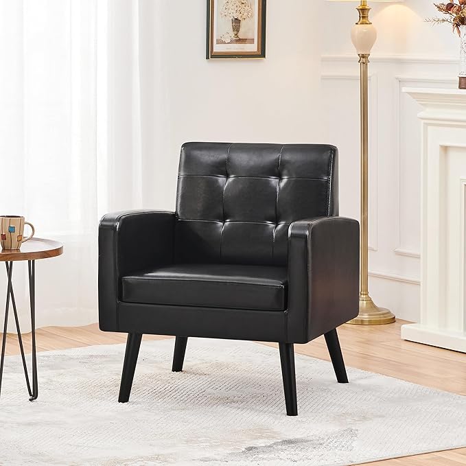 Topeakmart Mid Century Accent Chair Modern and Cozy PU Leather Barrel Sofa Chair with Thick Cushion and Sturdy Wood Legs for Living Room/Bed Room/Office Waiting Area Black
