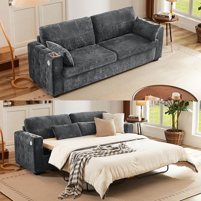 ONBRILL 83 Pull Out Sofa Bed2-in-1 Chenille Queen Size Loveseat Sleeper Sofa with Cup Holder USB PortMemory Form Couch for Living Room Apartment and Small SpaceGrey | sofa bed queen size