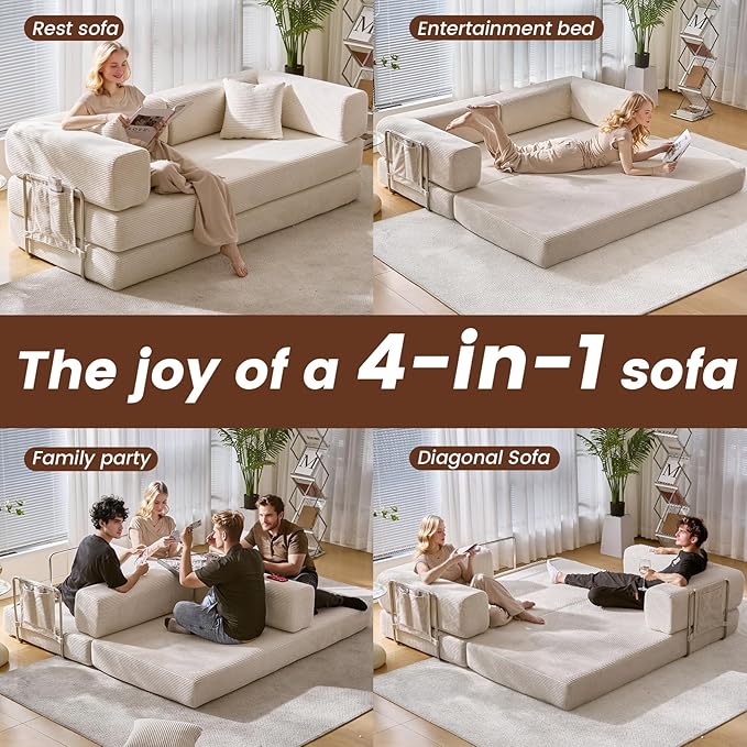 Convertible Sleeper Sofa Bed Corduroy Upholstered Modular Floor Couch Queen/King Size Foldable Futon with futon Memory Foam for Apartment Living Room Bedroom (Off White 80.15)
