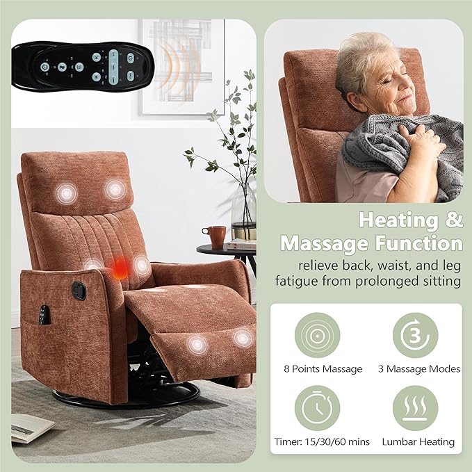 cinkehome Heated Massage Swivel Rocker Recliner Chair for Nursery - Small Space Reclining Chair with Lumbar Support 360° Swivel &amp Gentle Rocking Ergonomic High Back Orange Chenille