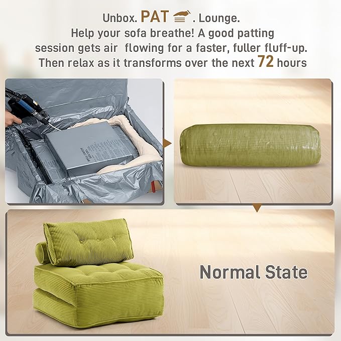Folding Sofa Bed Convertible Sleeper Chair 33 with Pillow Futon Boneless Couch with Back Support Small Couch for Living Room(Green Double)
