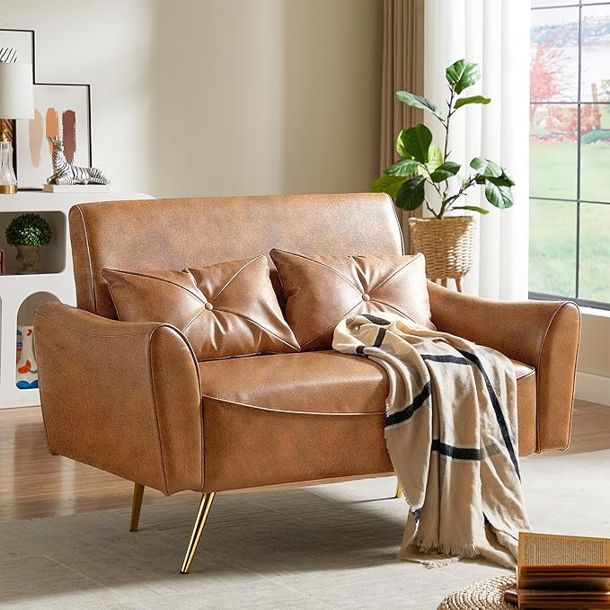 Brelice 48 Faux Leather Loveseat Sofa Modern Small Couch for Small Space with 2 Pillows 2 Seater Couch for Living Room Bedroom Office Apartment (Brown)