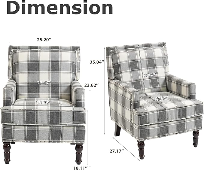 Accent Chair Plaid Modern Comfy Mid-Century Accent Chairs Upholstered Lounge Arm Chair with Solid Wood Frame for Living Room/Bedroom-Gray Plaid