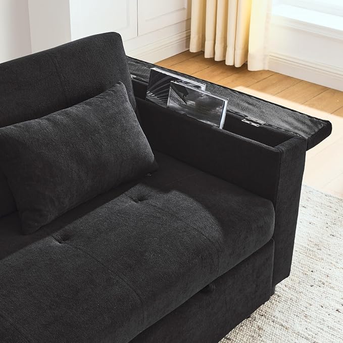 Convertible Sleeper Sofa Bed Pull-Out Recliner Couch with Adjustable Backrest Storage Armrests Side Pockets Cup Holders USB Charging Ports Chenille Loveseat for Living Room Use (Black)