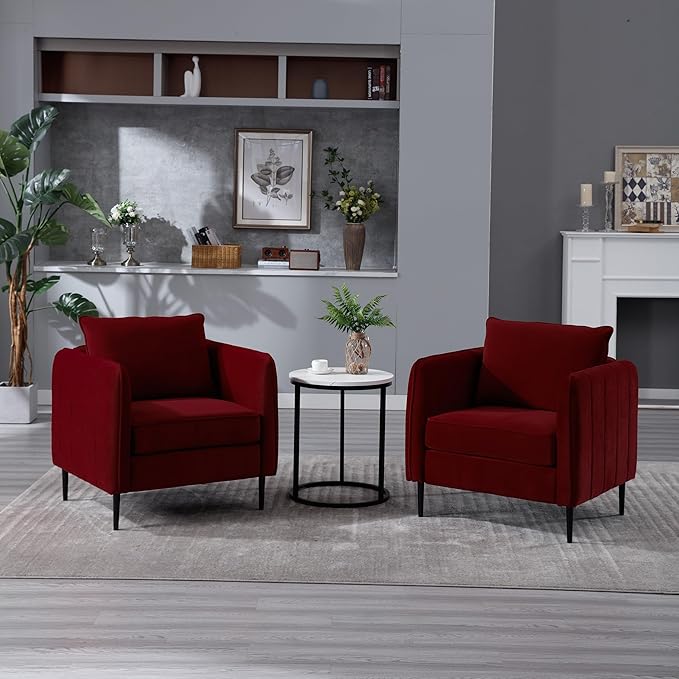 KEIKI Cloud Chair for Living Room Soft Velvet Single Seat Sofa with Bold Armrests and Metal Frame Comfy Accent Chair for Bedroom and Office Wine Red