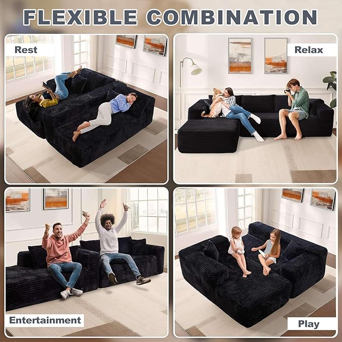 108 Boneless Couch L-Right Shape Sofa Couch with Chaise High-Resilience Memory Foam Corduroy Cloud Sectional Couches for Living Room Offices &amp Leisure Areas No Assembly Required Black