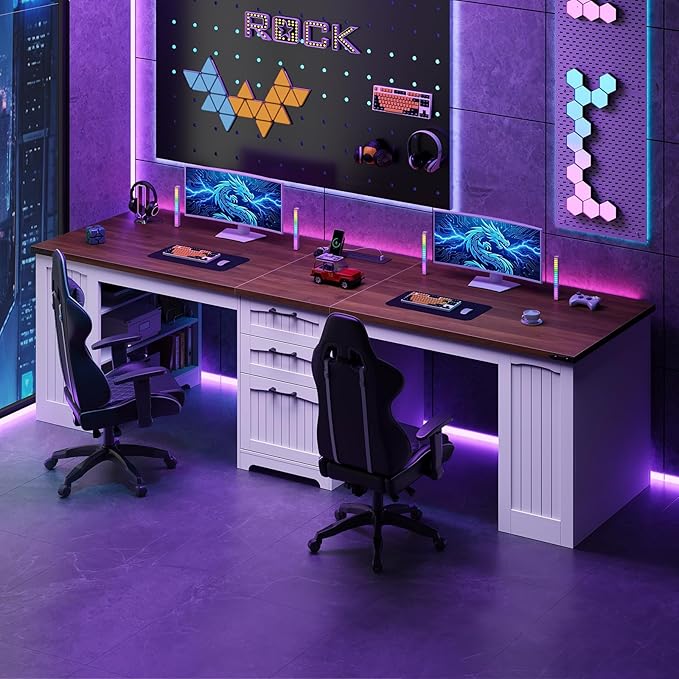 HOOBRO 94.5 Computer Desk with Power Outlet 2 Person Office Desk with Drawers Farmhouse Double Desk for Home Office A4/Letter Size Adjustable Shelves White and Walnut WH240UDN01