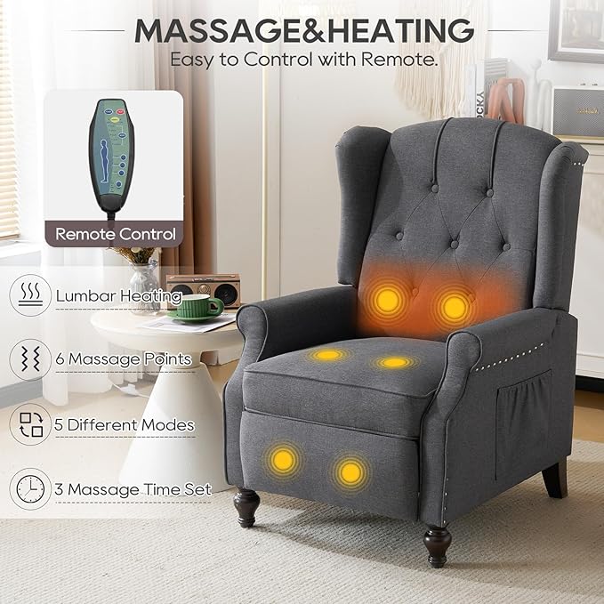 Wingback Recliner Chair with Massage and Heat Upholstered Fabric Living Room Chair Armchair with Nailhead TrimPush Back Recliner Chair with Remote ControlPadded Cushion (2 * Grey)