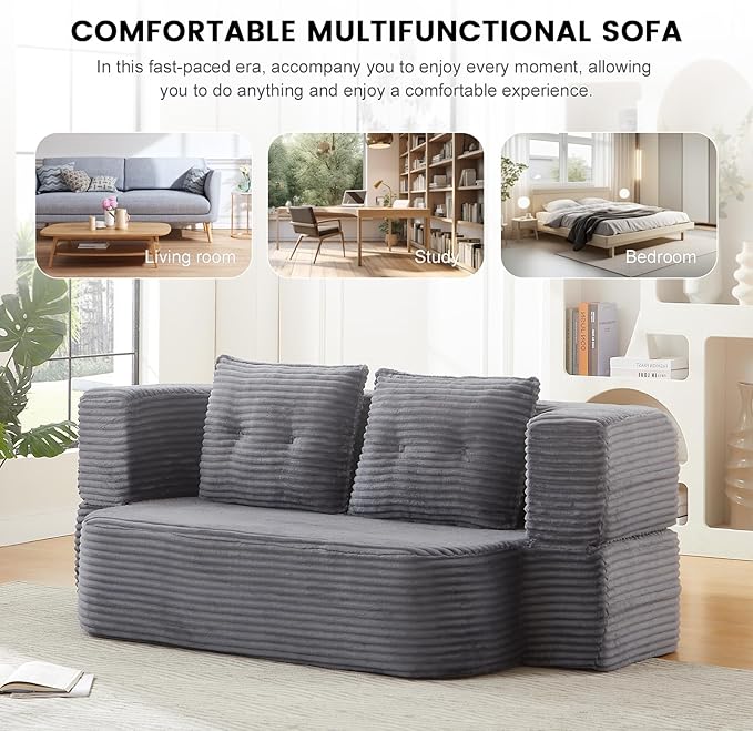 78.4 Convertible Sleeper Sofa Bed Floor Couch Loveseat with Functional Blanket and 2 Soft PillowsCorduroy Fabric Boneless Futon Couch for Living RoomBedroomApartment (Dark Grey)