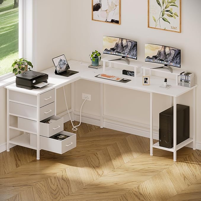 66 L Shaped Computer Desk 94.4'' Home Office Desk with Power Outlets 4 Adjustable Storage Drawers &amp 2 Monitor Stands Large Two Person Gaming Table for Writing Study White