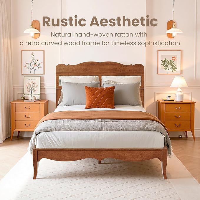 PHI VILLA Full Rattan Bed Frame with Headboard Mid Century Modern Wooden Bed Frames No Box Spring Needed Brown
