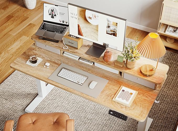 Cubiker 55 x 24 Electric Standing Desk with Double Storage Drawers Height Adjustable Home Office Computer Workstation 4 Adjustable Feet &amp 2 Hooks Maple