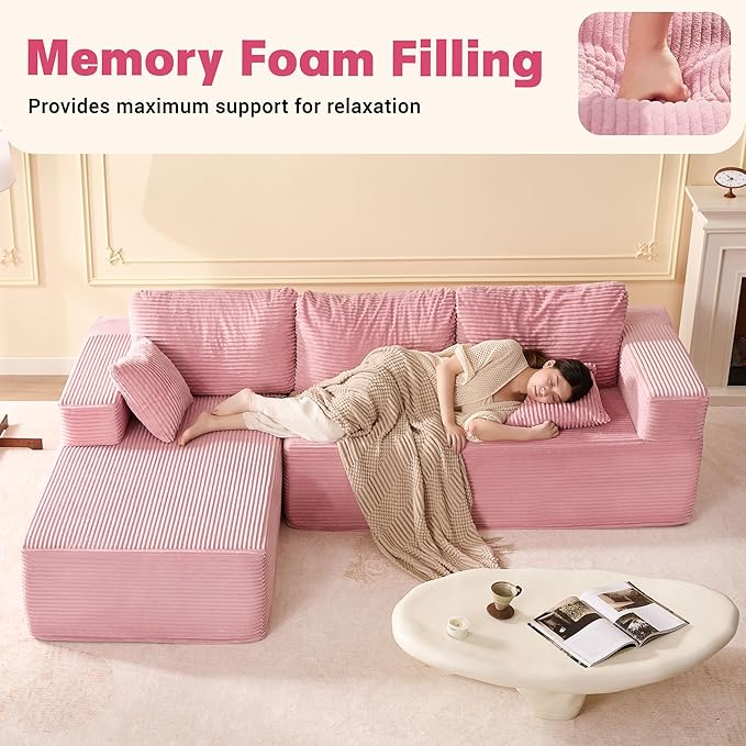 107 Boneless Couch with Deep Seat Set of Modular Sectional Sofa Cloud Sectional Couch for Living Room No Assembly Required Corduroy L-Shape Left Pink