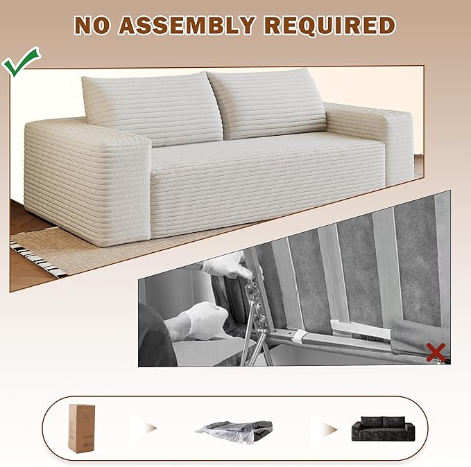 71 Corduroy Boneless Couch 2-Seater Compression Sofa with 3 Throw Pillows No Assembly Required Comfy Loveseat Sofa in a Box Modern Couches for Living Room (White 71 inch) | Breathable Material
