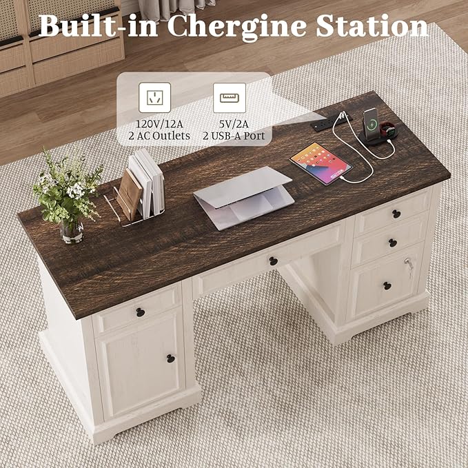 Vipbear 59 Farmhouse Executive Desk with Drawers Wood Home Office Computer Desk Featuring Lockable File Drawer Storage Cabinet &amp Power Outlet Storage Cabinet for Work Study Writing (White)