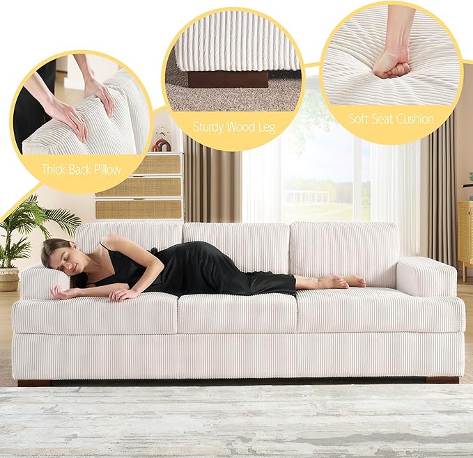 VanAcc 89in Comfy Couch 3 Seater Sofa with Wood Legs Deep Seat Sofa- White Corduroy Modern Couch for Living Room