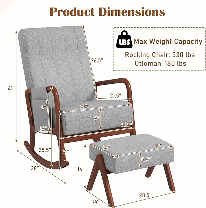 KOMFOTT Rocking Chair with Ottoman Set of 2 Upholstered Rocker Chair with Footrest Side Pocket Stable Rubber Frame &amp Tufted Backrest Mid-Century Modern Rocking Accent Chair for Living Room Gr