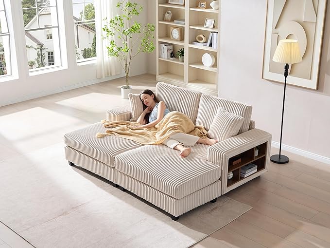 79.5 Oversized Corduroy Modular 2-Seat Sectional Couch with Extra-Wide Armrest Storage and Double Chaise Lounge Modern Convertible Sleeper Sofa for Living RoomBeige